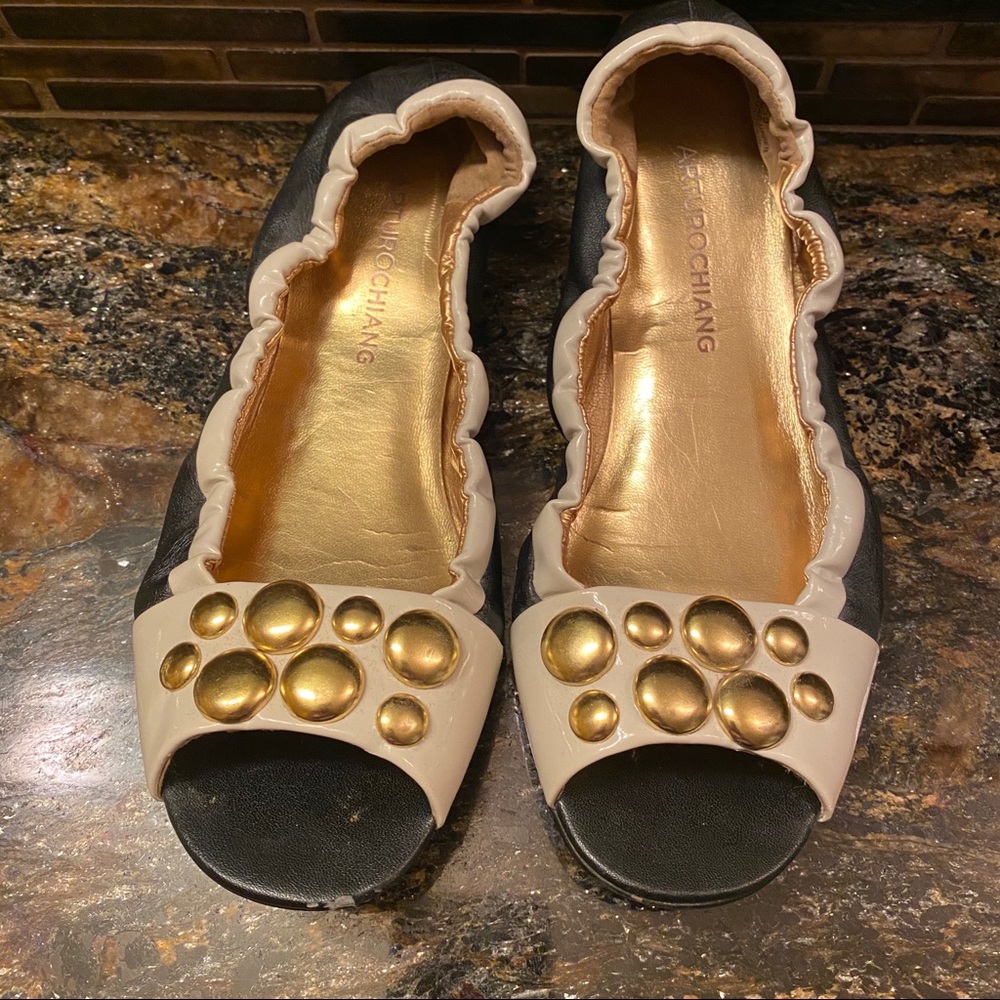 Arturo Chiang Kiara Black & White Flats w/Gold